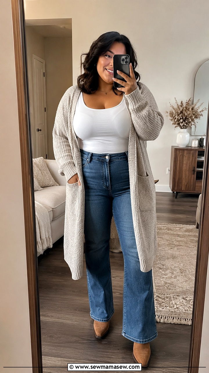 Long Cardigan with Bootcut Jeans - 20 Petite plus size outfit ideas 20