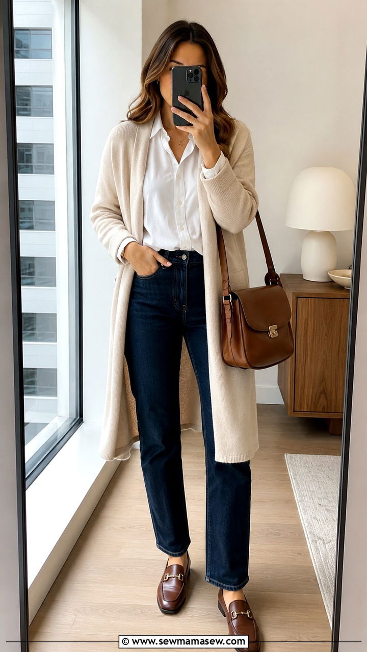 Long Cardigan with Button Down Shirt and Straight Leg Jeans - 30 spring capsule wardrobe outfit ideas
