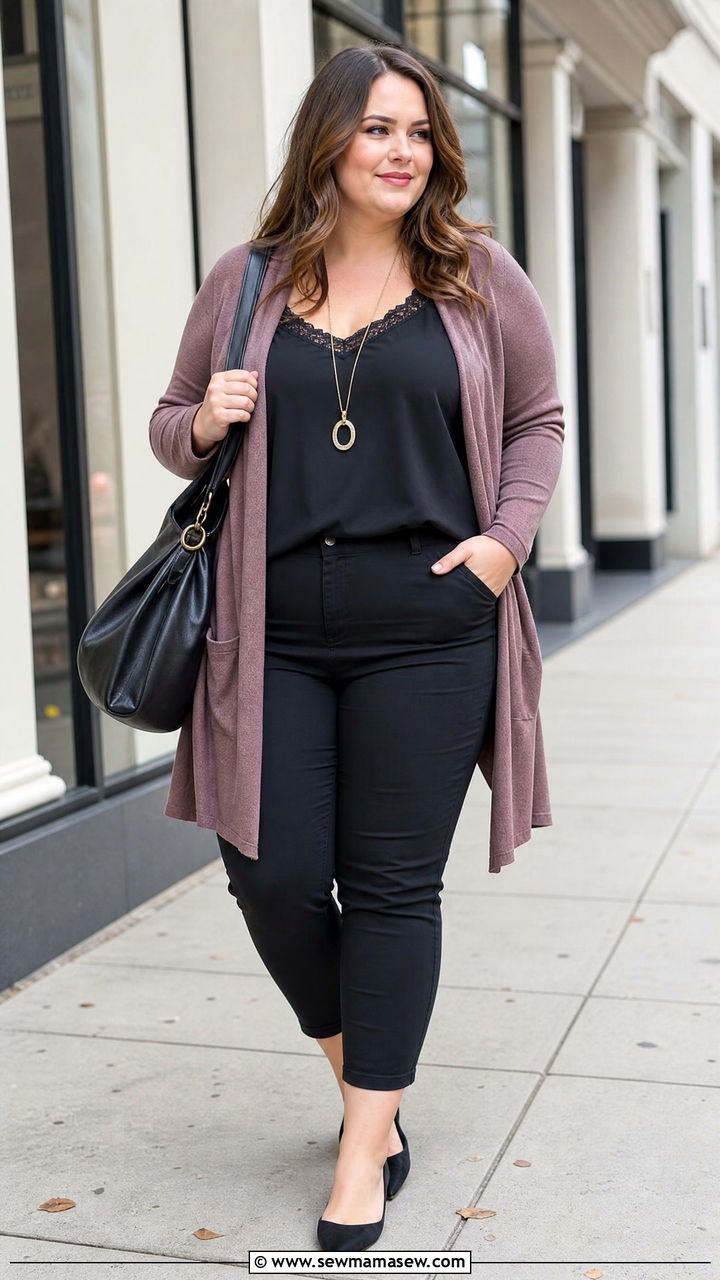Long Cardigan with Camisole Plus Size Outfit - 25 Outfit ideas for big bust plus size