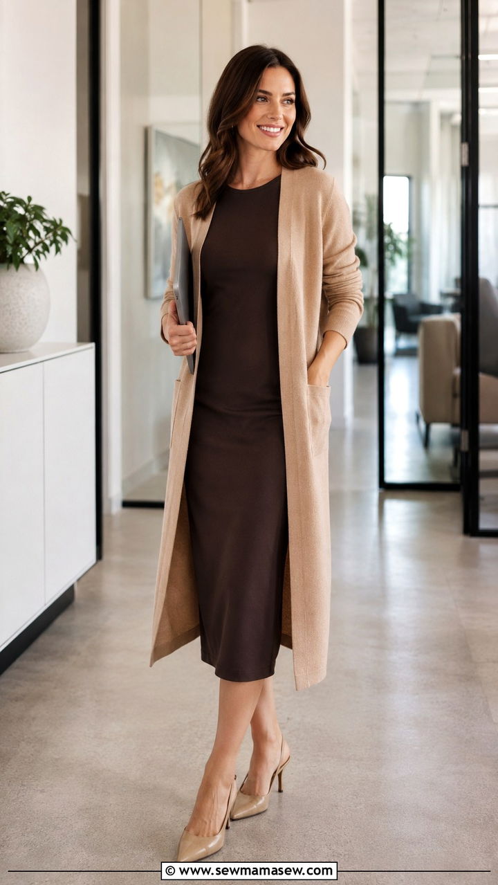 Long Cardigan with Column Midi Dress and Pointed Toe Slingbacks - 30 Midi dress outfit ideas with a cardigan