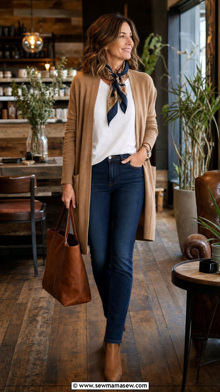Long Cardigan with Dark Jeans and Silk Scarf - 35 Brunch outfits for women over 40