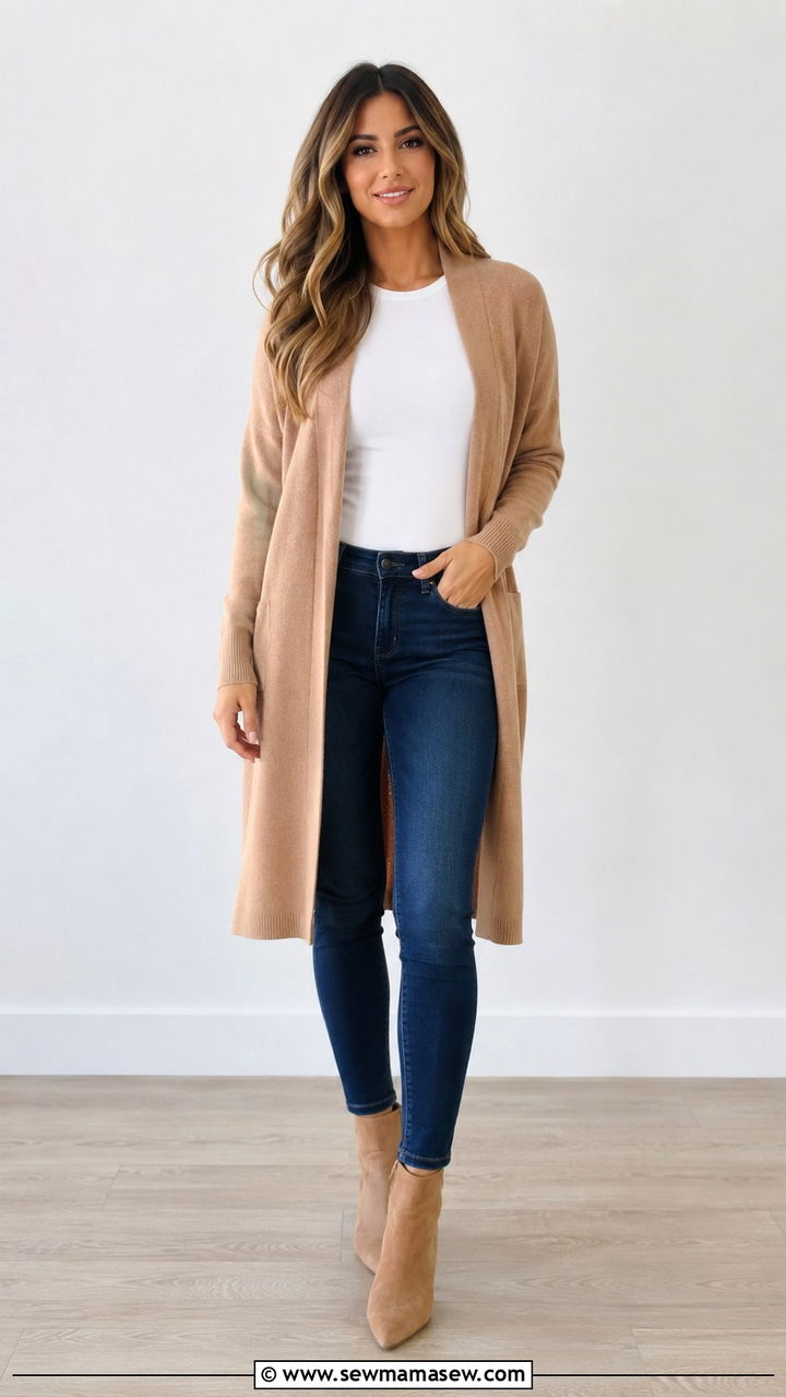 Long Cardigan with Fitted Tee and Skinny Jeans - 20 Summer outfits for 60 degree weather