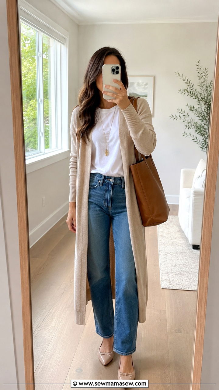 Long Cardigan with Jeans and Tee - 25 outfit ideas for short torso women