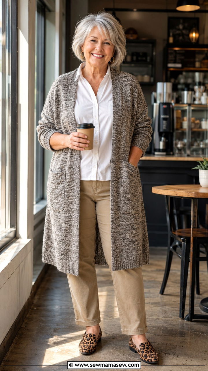 Long Cardigan with Khakis and White Button Up - 25 Plus size outfits for women over 60