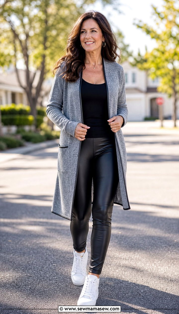 Long Cardigan with Leather Leggings and Sneakers - 25 edgy outfit ideas for women over 40