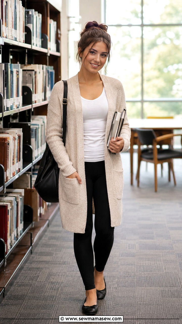 Long Cardigan with Leggings - 30 School outfit ideas with leggings