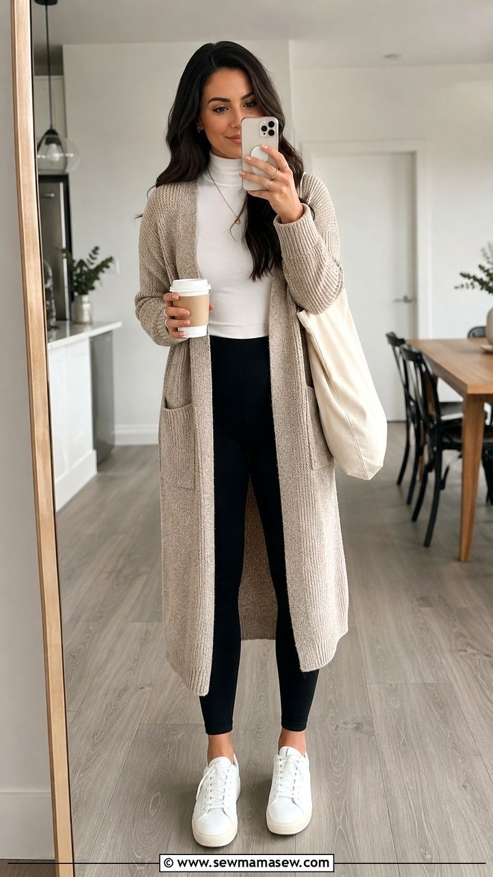 Long Cardigan with Leggings Outfit - 25 athleisure capsule wardrobe outfits