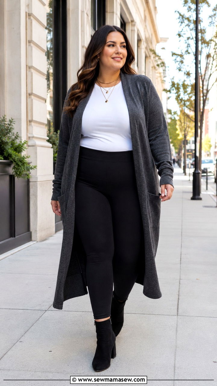 Long Cardigan with Leggings and Ankle Boots - 30 Plus size outfit ideas with leggings