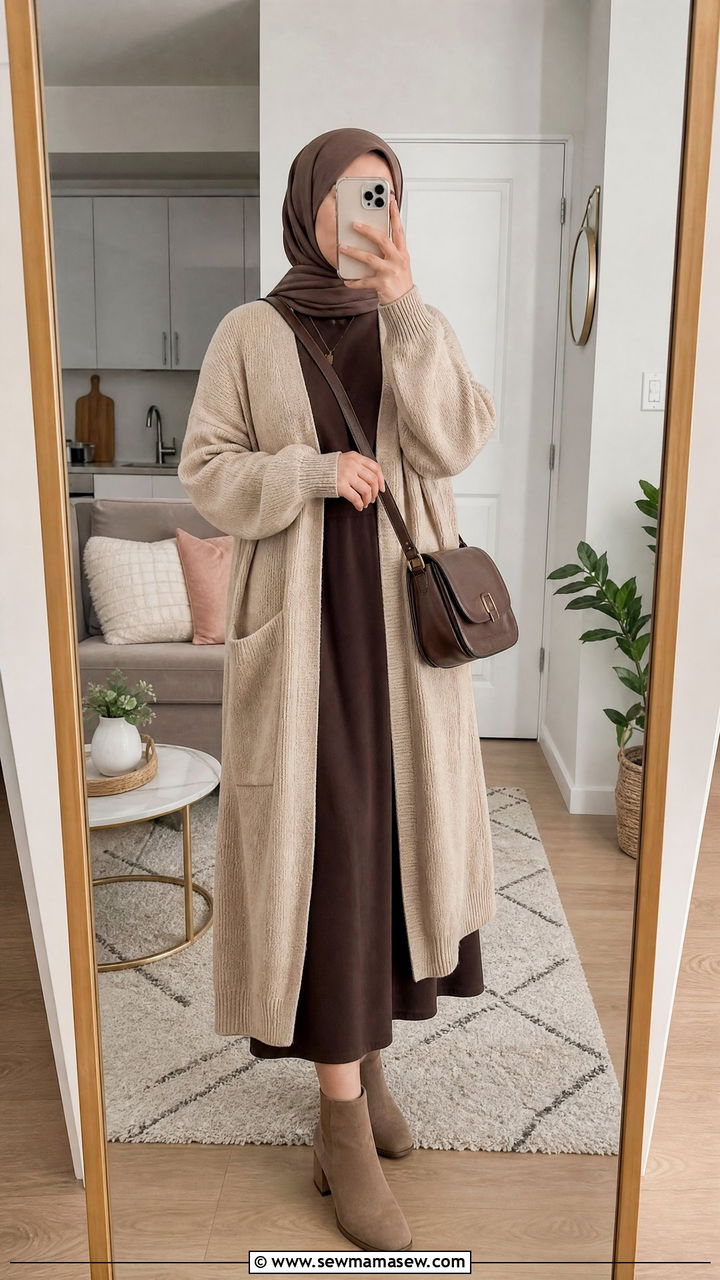 Long Cardigan with Midi Dress Outfit - 30 modest classy outfits ideas
