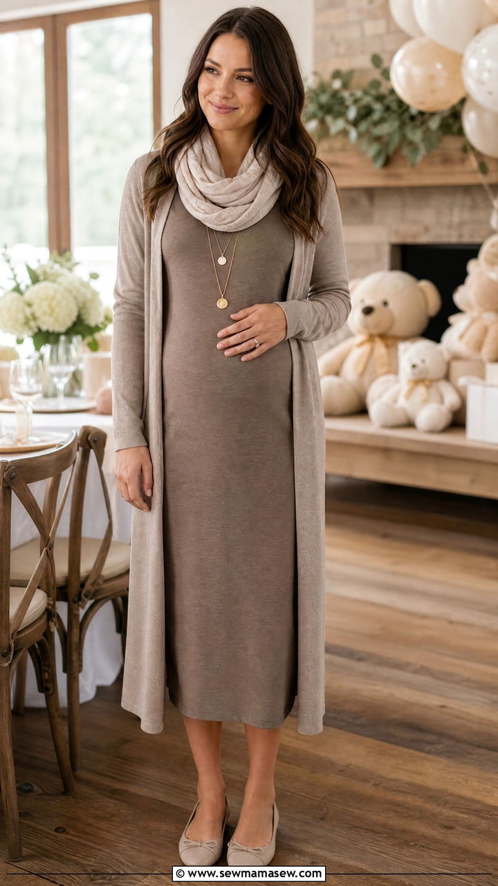 Long Cardigan with Sleeveless Shift Dress - 25 modest baby shower outfit ideas