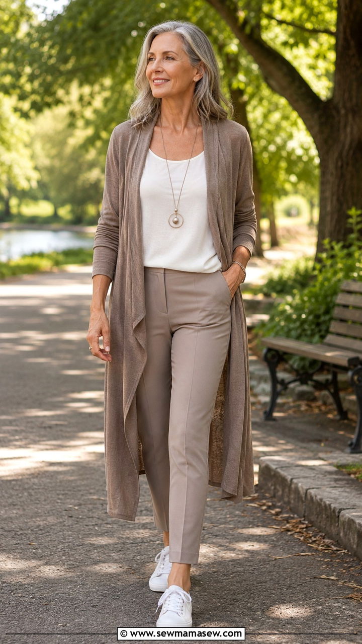 Long Cardigan with Slim Trousers and Canvas Sneakers - 25 Weekend outfit ideas for women over 50