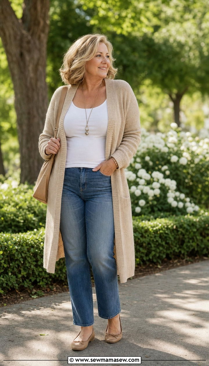 Long Cardigan with Straight Leg Jeans - 25 Curvy outfits for women over 50