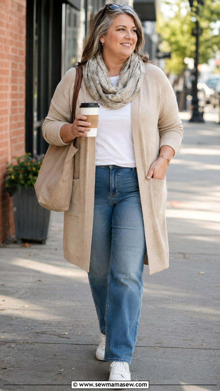 Long Cardigan with Straight Leg Jeans - 30 Plus size outfit ideas for women over 50