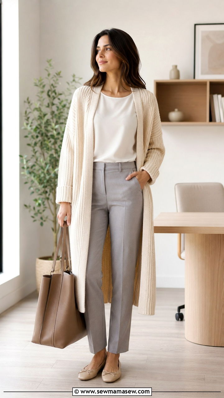 Long Cardigan with Tailored Trousers and Flats - 25 work outfits inspo