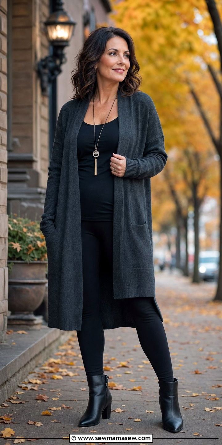 Long Cardigan with Tank Top and Leggings - 25 comfortable outfit ideas for women over 40