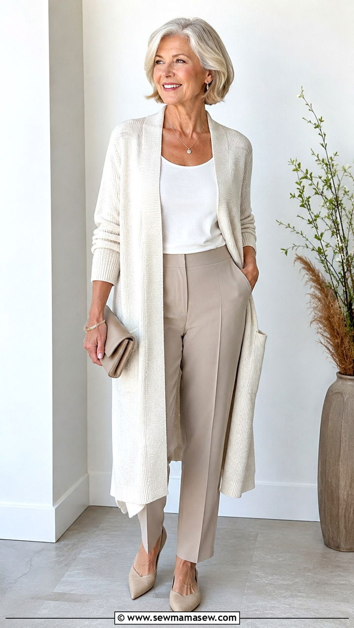 Long Cardigan with Tank Top and Tailored Trousers - 30 Graduation outfits for women over 60