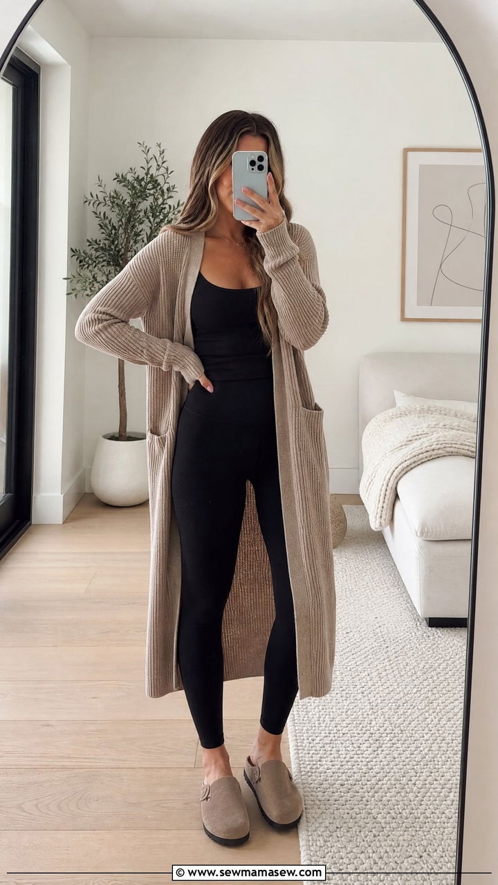 Long Cardigan with Tank and Leggings - 30 Cozy movie night outfit ideas