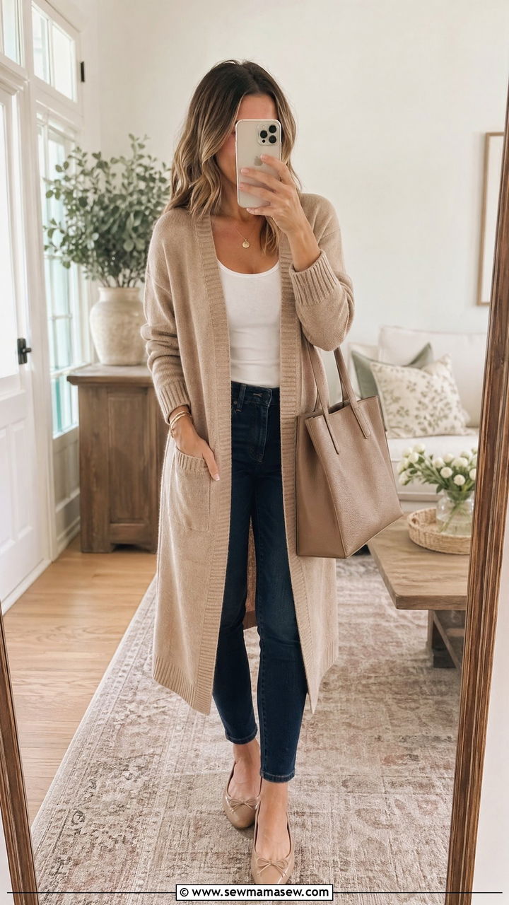 Long Cardigan with Tank and Slim Jeans Outfit - 35 Cool mom outfit ideas