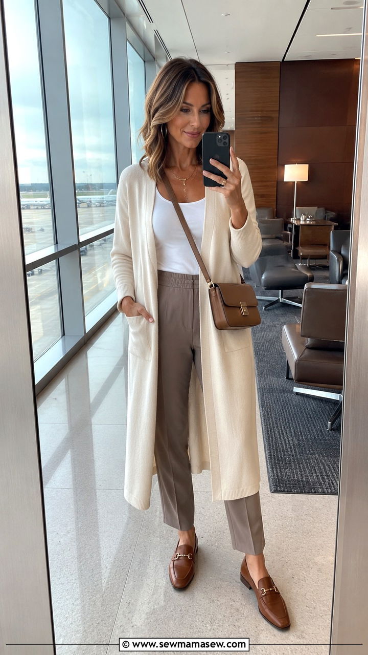 Long Cardigan with Tank and Trousers Airplane Look - 25 What to wear on a plane over 40