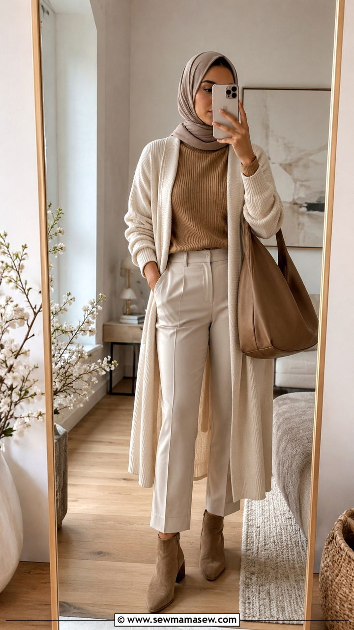 Long Cardigan with Turtleneck and Tailored Trousers - 25 work outfits for hijab women