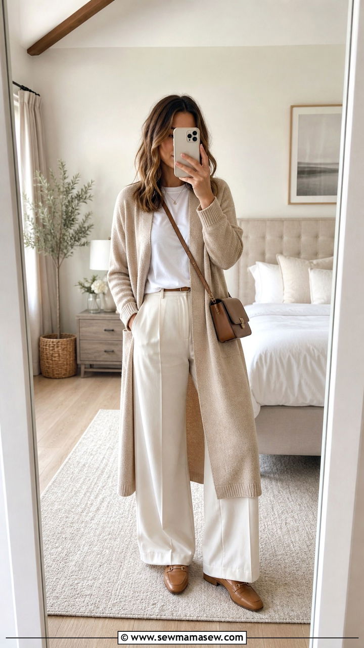 Long Cardigan with White Tee and Wide Leg Pants - 40 Cozy spring outfits