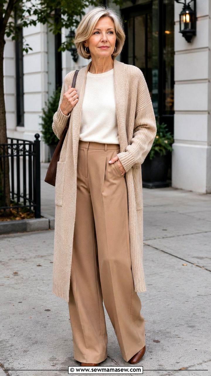 Long Cardigan with Wide Leg Trousers - 30 Modest outfit ideas for women over 50