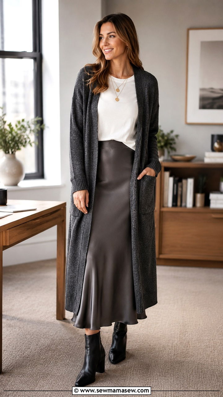 Long Cardigan with a Slip Skirt and Ankle Boots - 25 Monday work outfit ideas