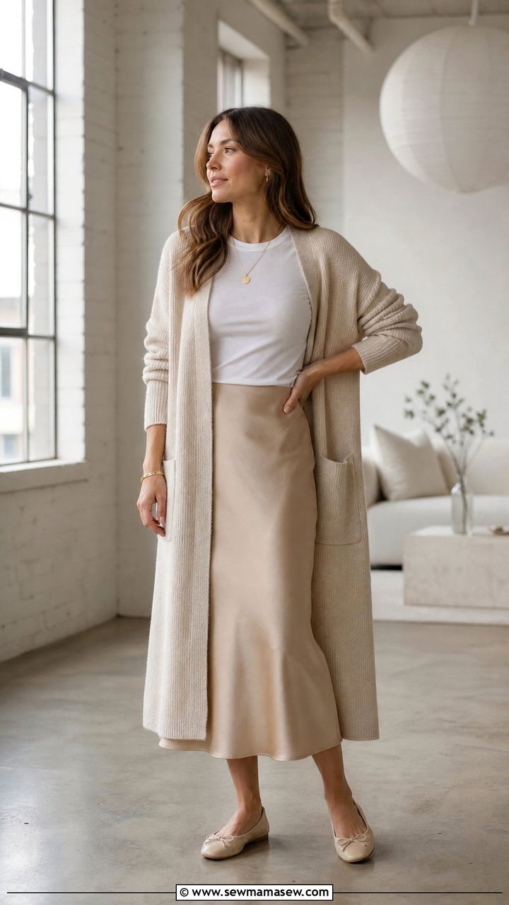 Long Cardigan with a Slip Skirt and Ballet Flats - 25 How to dress in your 40s