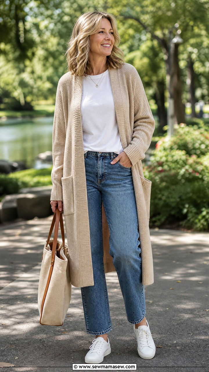 Long Cardigan with a T Shirt and Straight Leg Jeans - 30 everyday outfit ideas for women over 40