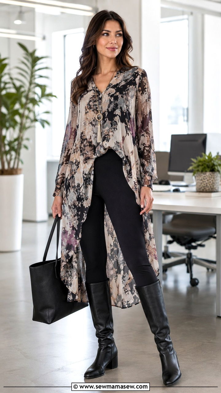 Long Chiffon Tunic Top with Leggings and Heeled Boots - 20 work outfits for women with tummy