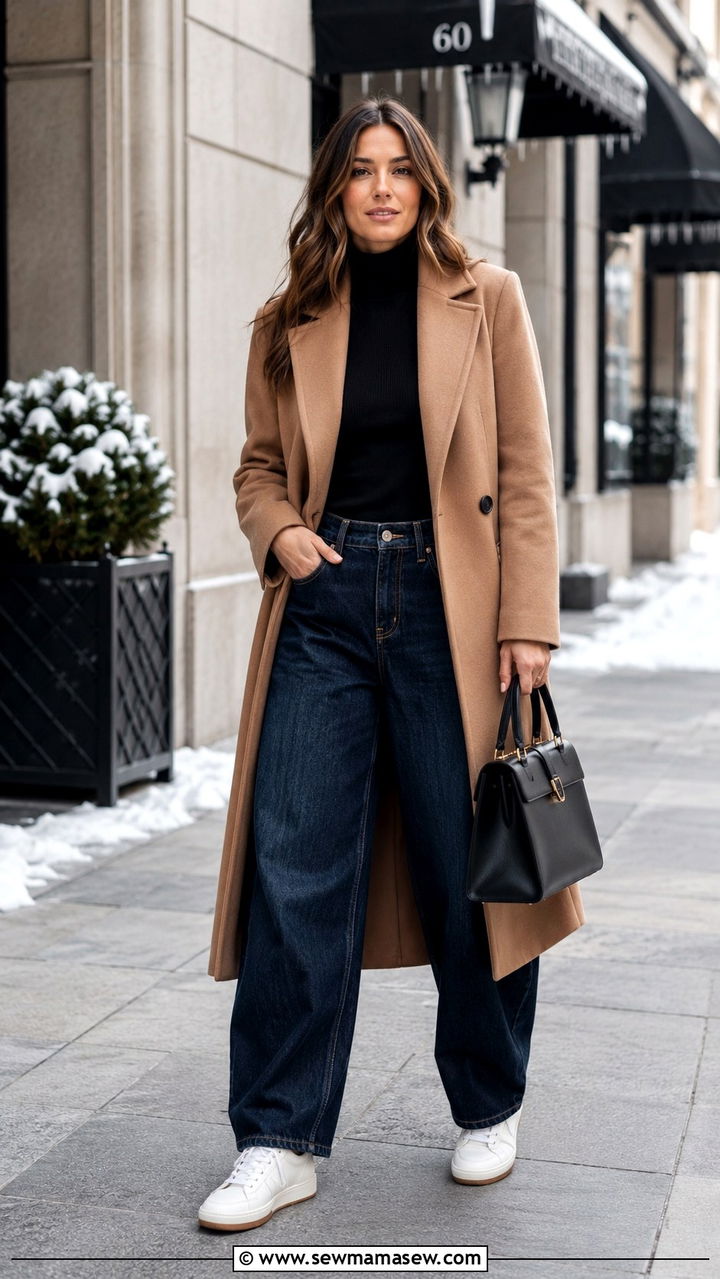 Long Coat And Barrel Jeans With White Sneakers - 25 Barrel jeans outfit ideas with white sneakers