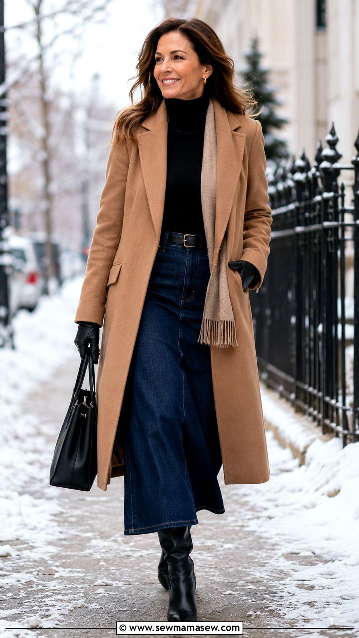 Long Coat With Denim Maxi Skirt and Knee High Boots - 20 denim maxi skirt outfits for women over 40