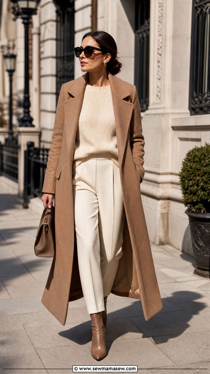 Long Coat With Knit Sweater And Trousers - 30 Elevated mom outfit ideas