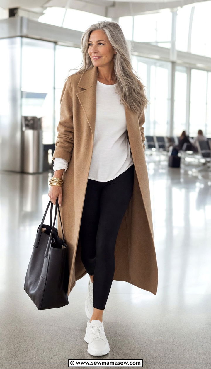 Long Coat With Leggings And Chunky Sneakers - 35 Airport outfit ideas for women over 50