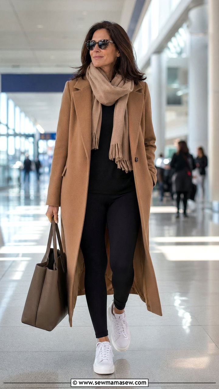 Long Coat With Leggings And Sneakers Airport Outfit - 35 Airport outfits for women over 40