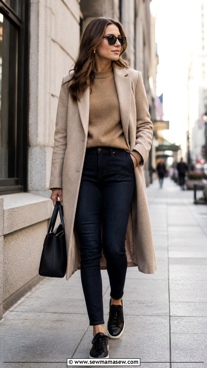 Long Coat With Skinny Jeans And Sleek Sneakers - 25 Work outfits with sneakers and jeans