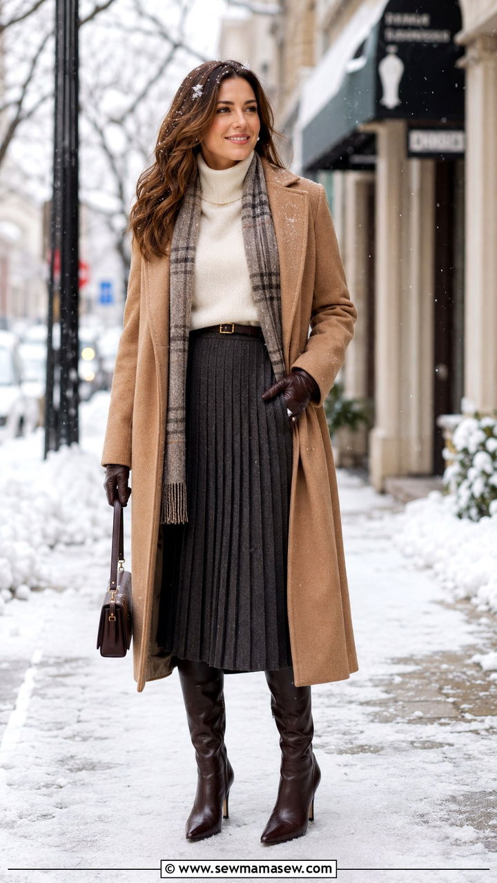 Long Coat and Pleated Skirt Outfit - 30 how to style pleated skirt