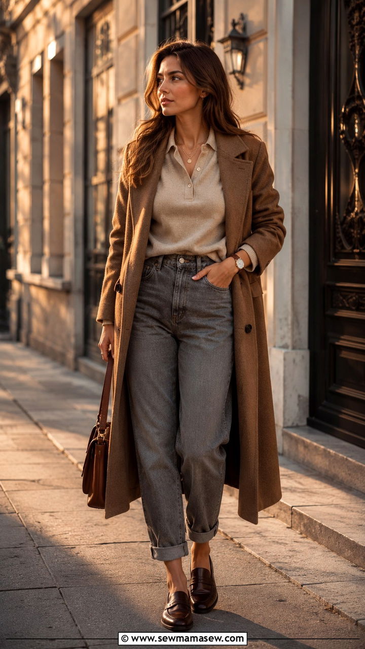 Long Coat and Polished Layers with Jeans - 25 Old money outfit ideas with jeans