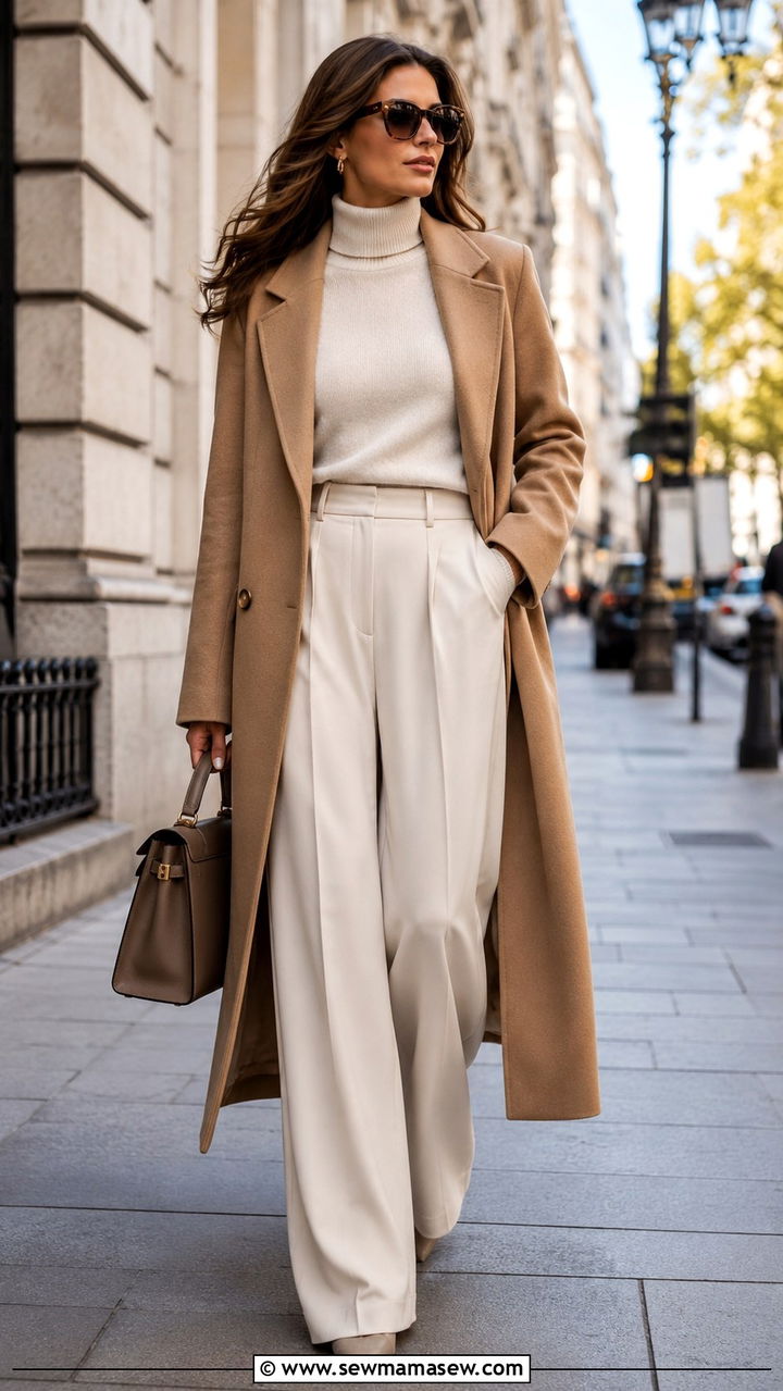 Long Coat and Wide Leg Trousers Outfit - 25 modest classy outfits inspo