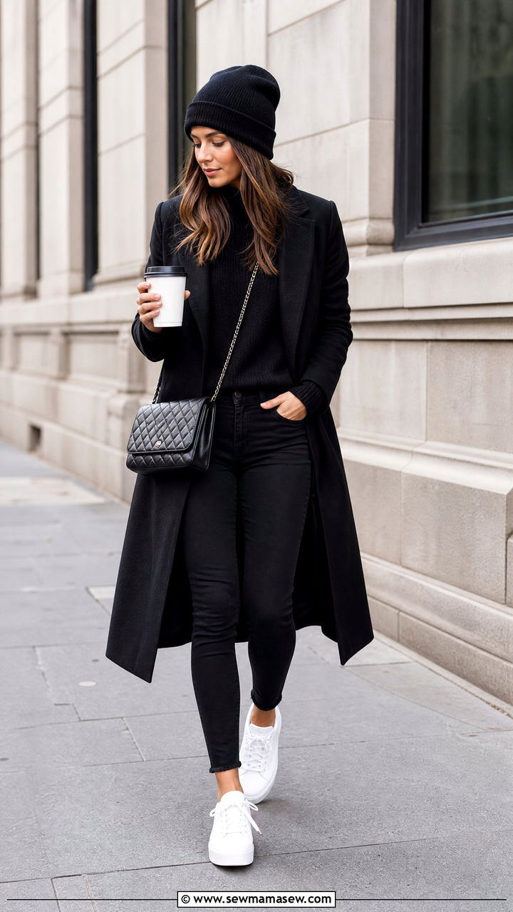 Long Coat with All Black Outfit and White Sneakers - 35 Long coat outfit ideas