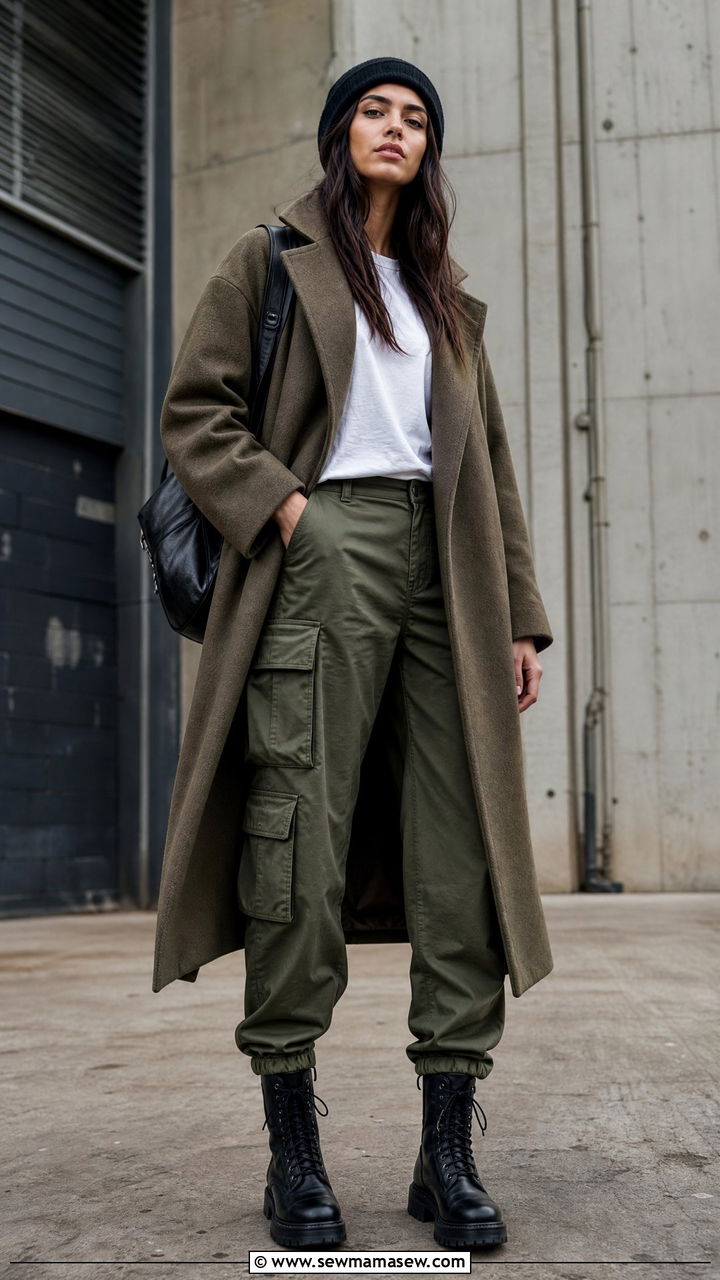 Long Coat with Cargo Pants and Combat Boots - 35 Long coat outfit ideas