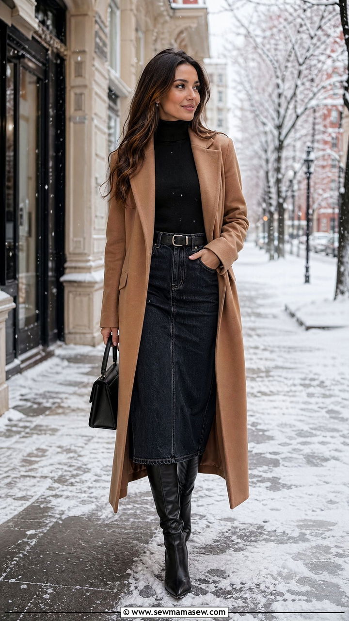 Long Coat with Denim Midi Skirt and Turtleneck - 35 denim skirt outfits inspo
