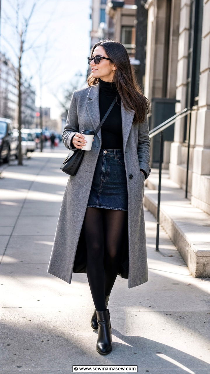 Long Coat with Denim Mini Skirt and Turtleneck - 35 Long coat outfit ideas