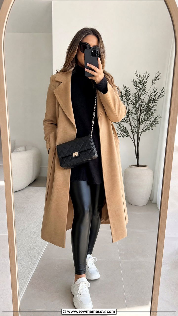 Long Coat with Faux Leather Leggings and Chunky Sneakers - 35 Long coat outfit ideas