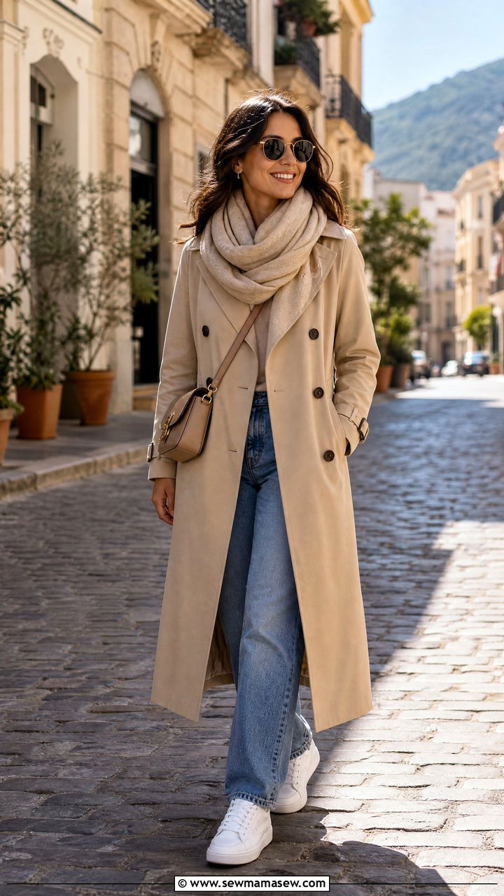 Long Coat with Matching Scarf and White Sneakers - 35 Long coat outfit ideas