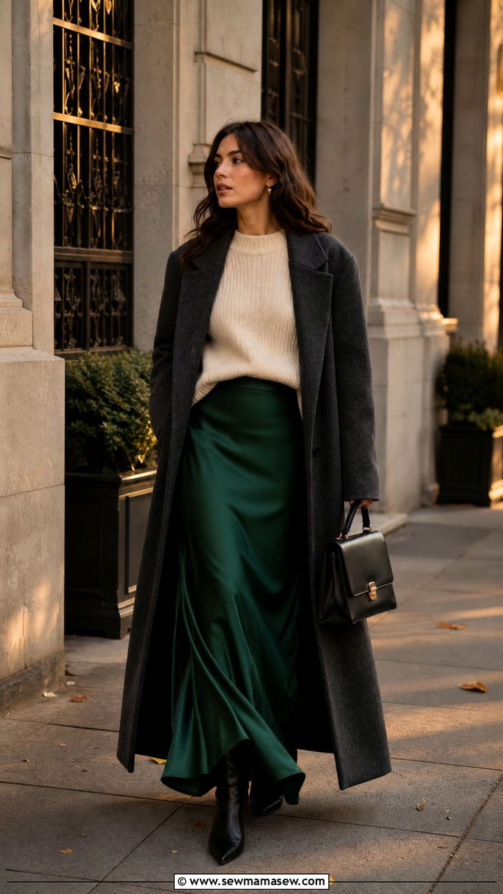 Long Coat with Maxi Skirt and Knit Sweater - 35 Long coat outfit ideas