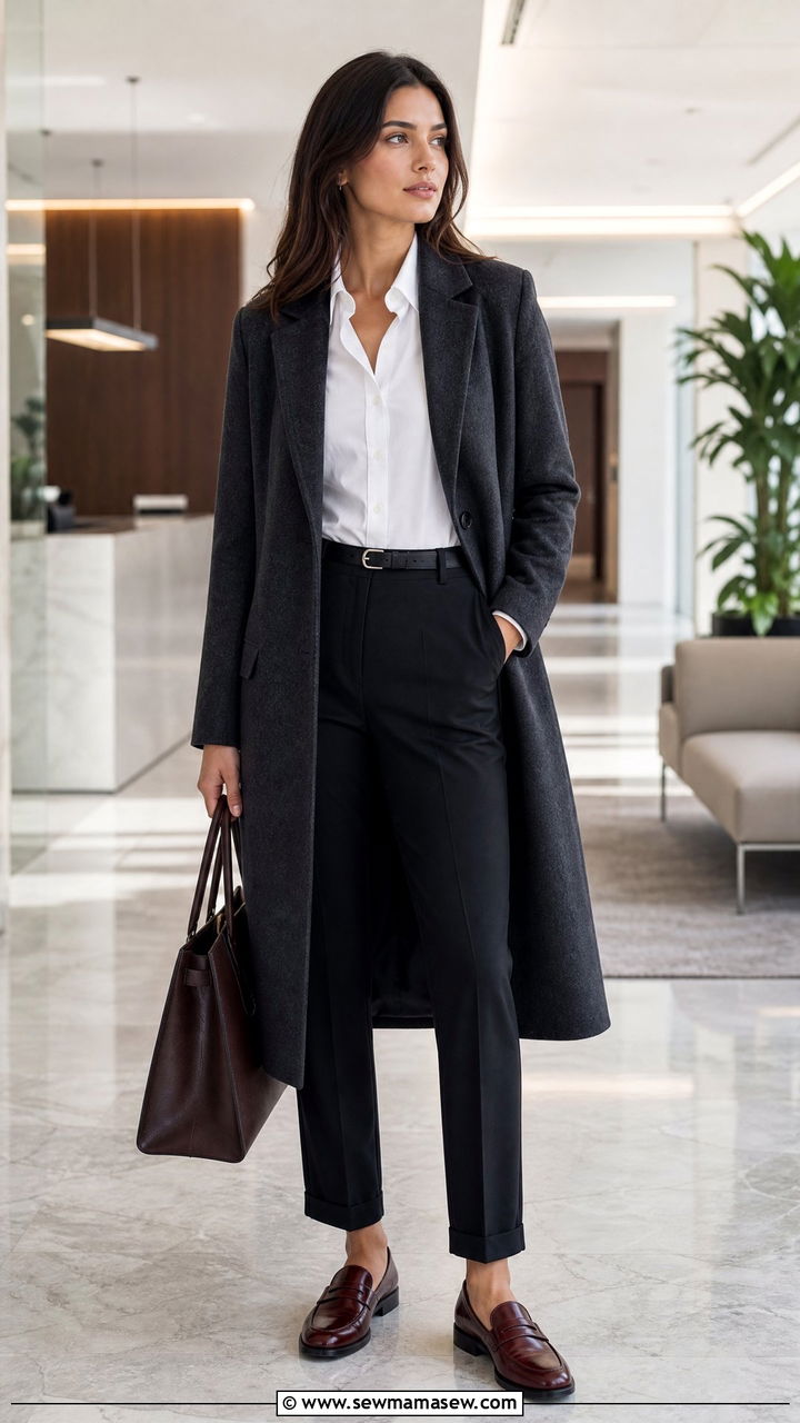 Long Coat with Tailored Trousers and Loafers - 35 Long coat outfit ideas