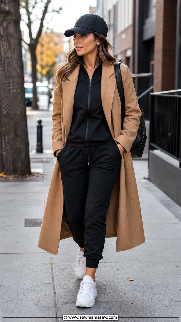 Long Coat with Tracksuit and Baseball Cap - 35 Long coat outfit ideas