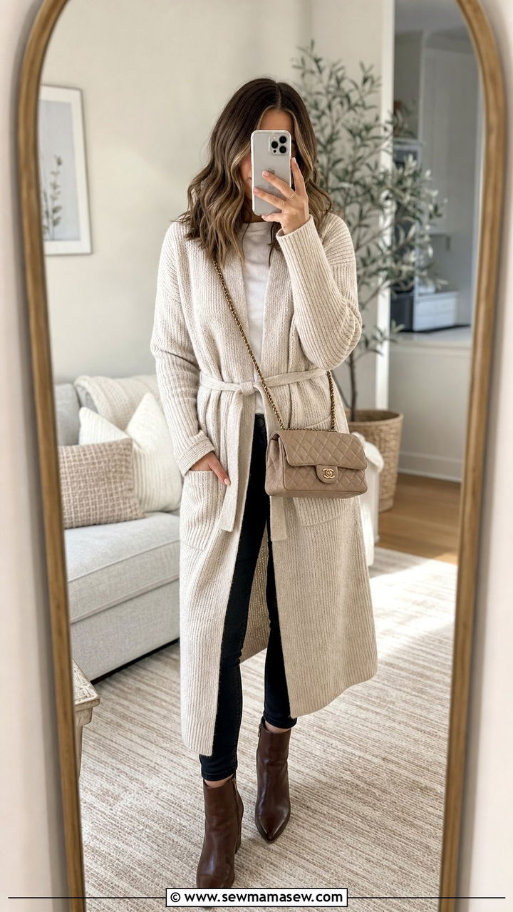 Long Coatigan with Belt and Skinny Pants - 25 Spring outfits with belts