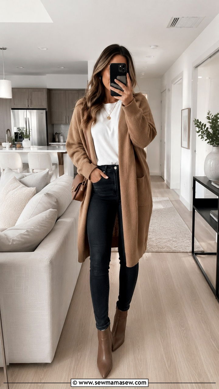 Long Cocoon Cardigan With Skinny Pants And Heeled Boots For Slim Thighs - 25 Outfit ideas for slim thighs